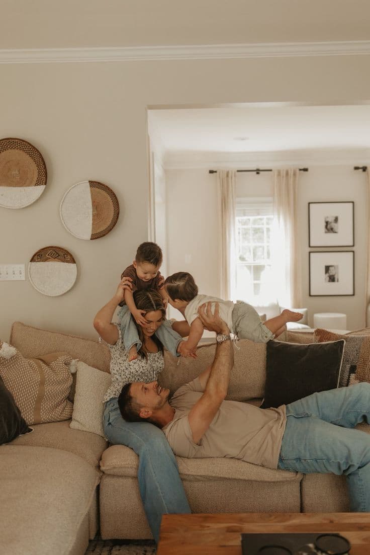 Family gathered in a sunlit living room